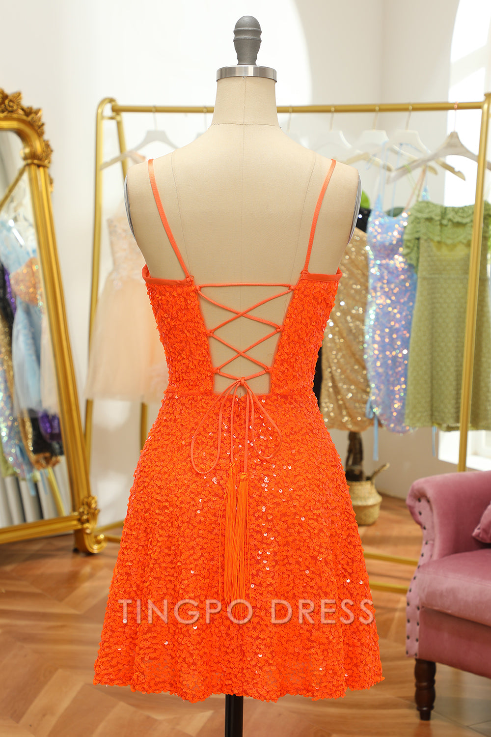 TingPo Wholesale Elegant Sequined Orange Lace-Up Homecoming Dress formal wear dresses